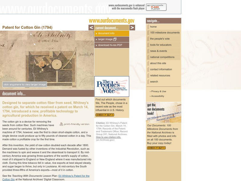 Our Documents: Patent for Cotton Gin (1794) Primary Our Documents: Patent for Cotton Gin (1794) Primary