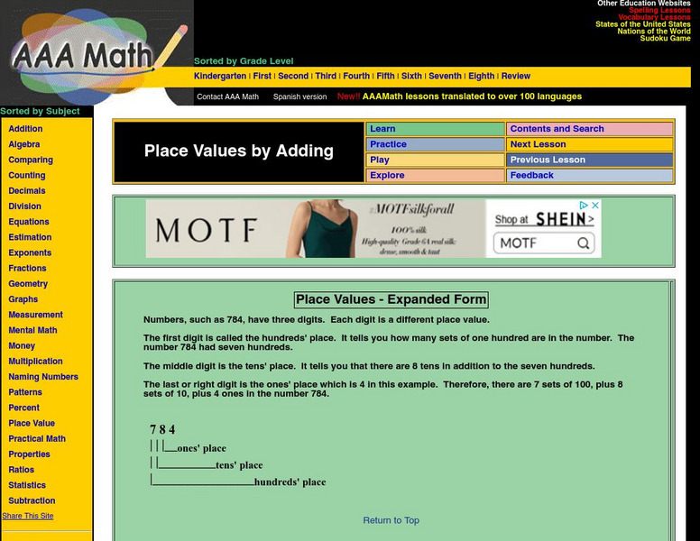 Aaa Math: Place Values by Adding: Expanded Form Unit Plan Aaa Math: Place Values by Adding: Expanded Form Unit Plan
