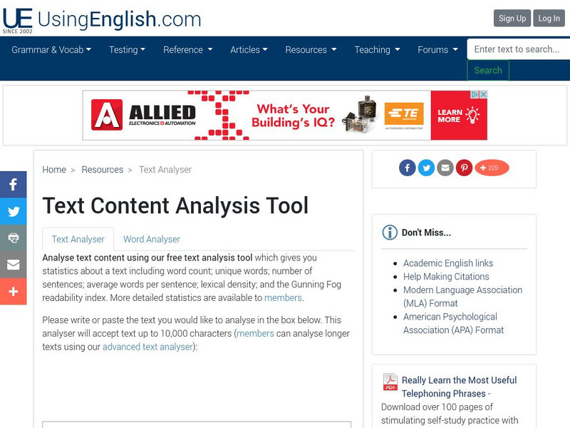 Using English: Content Analysis Tool Activity Using English: Content Analysis Tool Activity