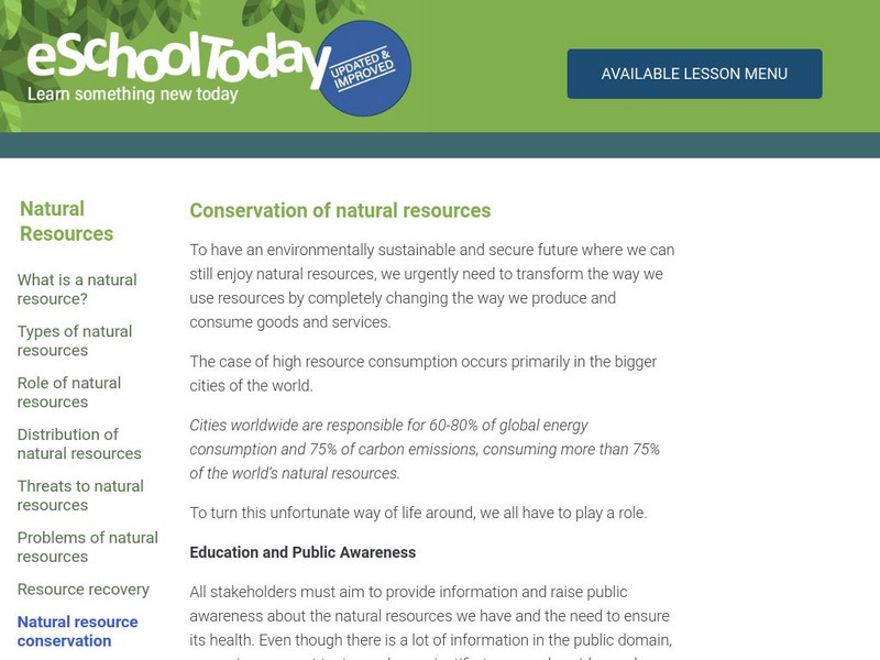 E School Today: Conservation of Natural Resources Handout E School Today: Conservation of Natural Resources Handout