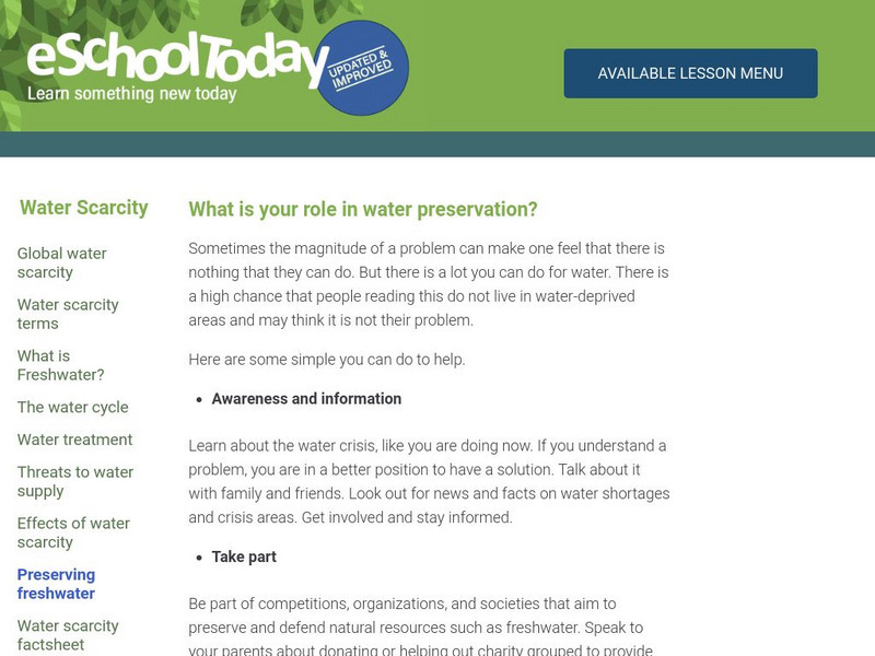 E School Today: What Is Your Role in Water Preservation? Professional Doc