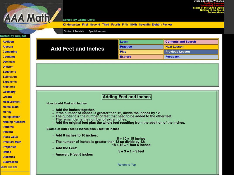 Aaa Math: Addition of Feet and Inches Unit Plan Aaa Math: Addition of Feet and Inches Unit Plan