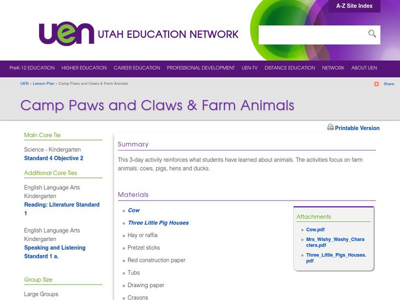 Uen: Camp Paws and Claws & Farm Animals Lesson Plan Uen: Camp Paws and Claws & Farm Animals Lesson Plan