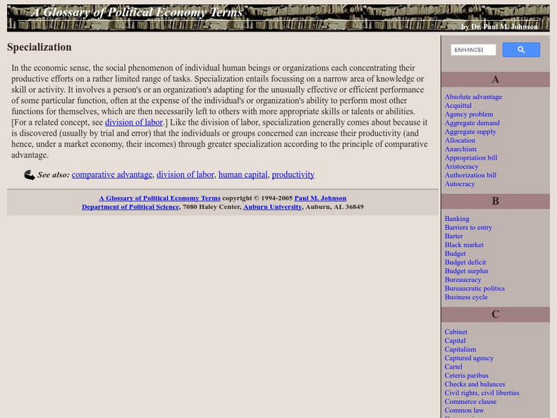 Auburn University: Glossary of Political Economy Terms: Specialization Handout Auburn University: Glossary of Political Economy Terms: Specialization Handout