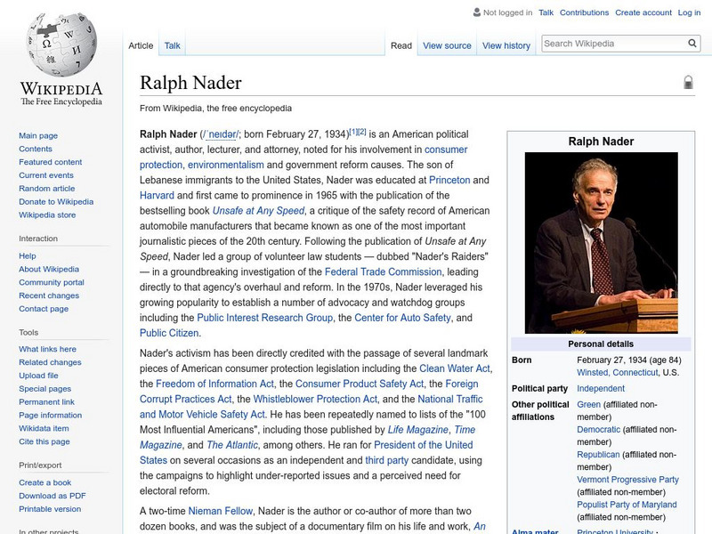Wikipedia: Ralph Nader Handout Wikipedia: Ralph Nader Handout