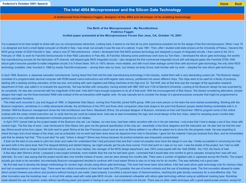 The Intel 4004: Frederico's October 2001 Speech Primary The Intel 4004: Frederico's October 2001 Speech Primary