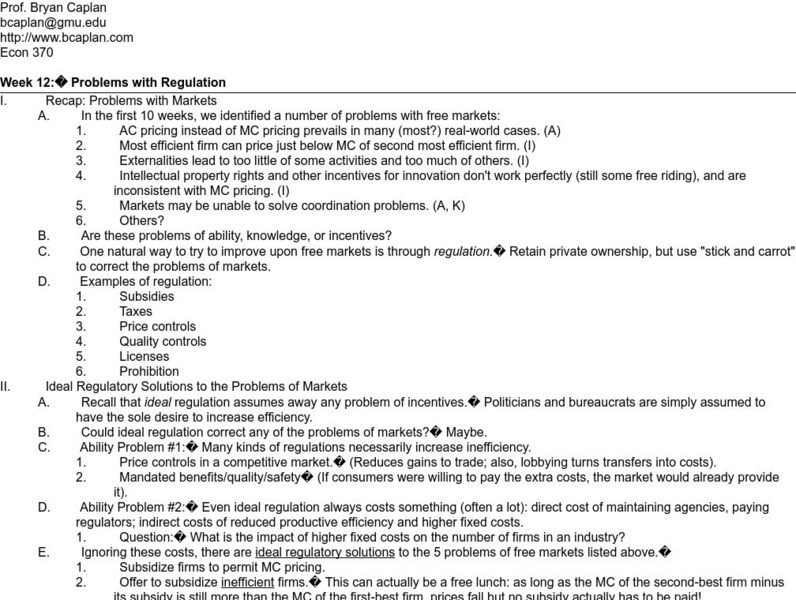 Problems With Markets: Week 12: Problems With Regulation Website