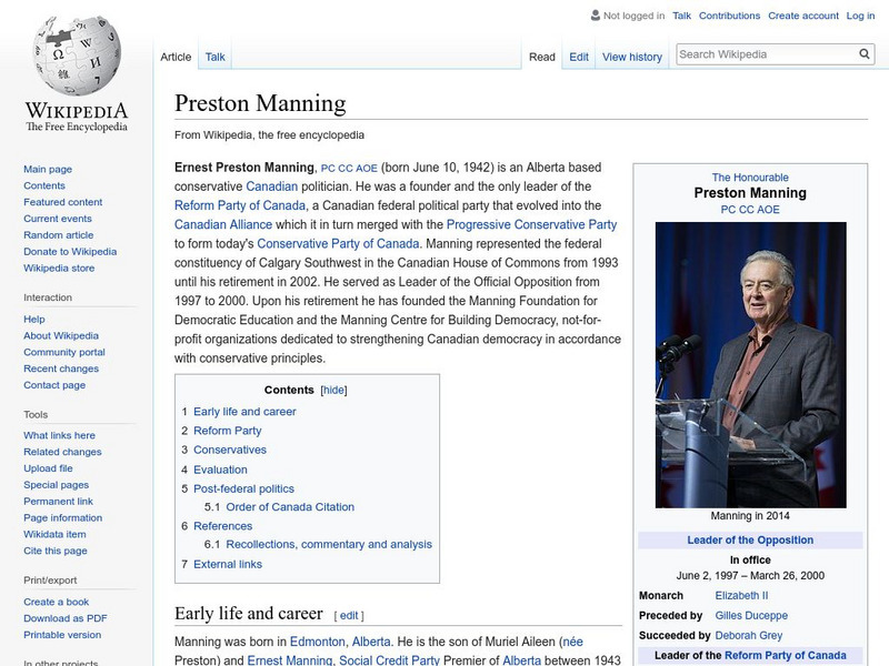 Wikipedia: Preston Manning Handout Wikipedia: Preston Manning Handout