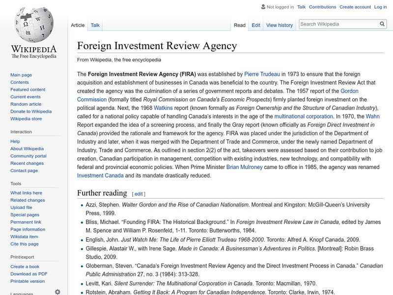 Wikipedia: Foreign Investment Review Agency Handout Wikipedia: Foreign Investment Review Agency Handout