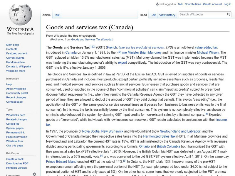 Wikipedia: Goods and Services Tax (Canada) Handout Wikipedia: Goods and Services Tax (Canada) Handout