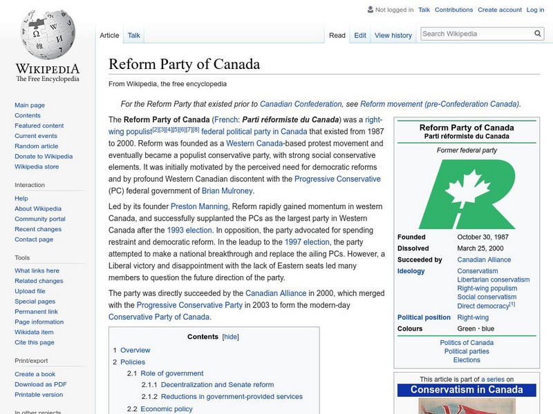 Wikipedia: Reform Party of Canada Handout Wikipedia: Reform Party of Canada Handout