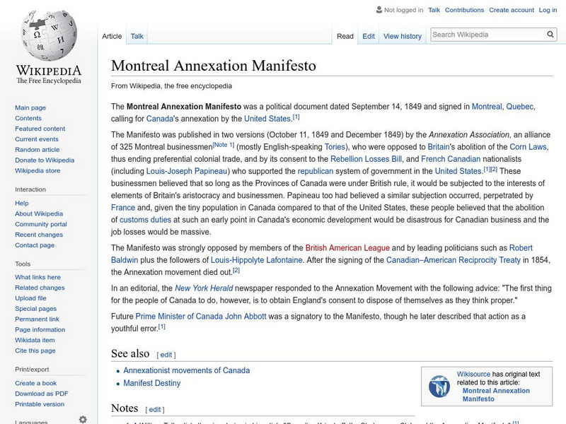 Wikipedia: Montreal Annexation Manifesto Handout