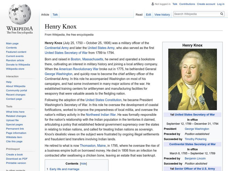Wikipedia: Henry Knox: Secretary of War Handout Wikipedia: Henry Knox: Secretary of War Handout
