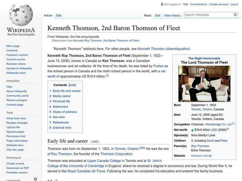Wikipedia: Kenneth Thomson, 2nd Baron Thomson of Fleet Handout Wikipedia: Kenneth Thomson, 2nd Baron Thomson of Fleet Handout