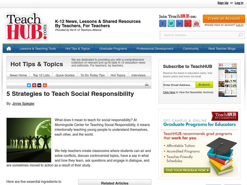 Teach hub.com: 5 Strategies to Teach Social Responsibility Article
