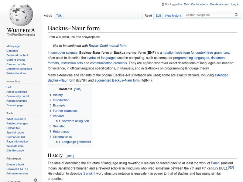 Wikipedia: Backus Naur Form Handout Wikipedia: Backus Naur Form Handout