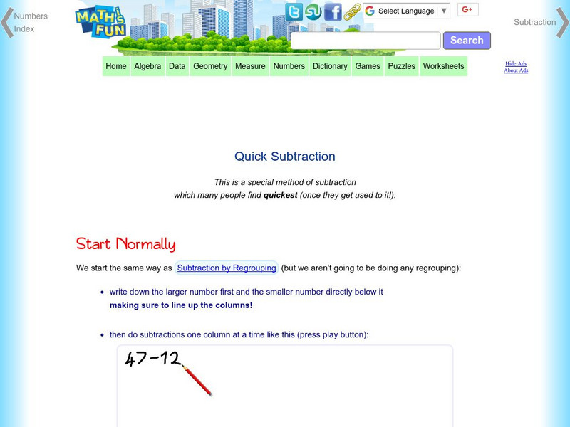 Math Is Fun: Quick Subtraction Activity
