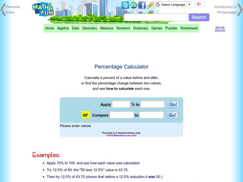 Math Is Fun: Percentage Calculator Activity Math Is Fun: Percentage Calculator Activity