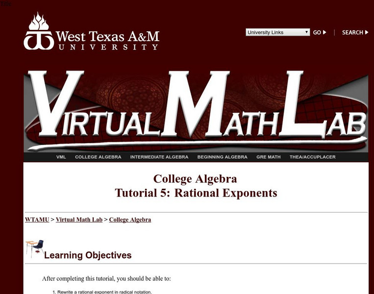 Wtamu Virtual Math Lab: College Algebra: Rational Exponents Unit Plan Wtamu Virtual Math Lab: College Algebra: Rational Exponents Unit Plan