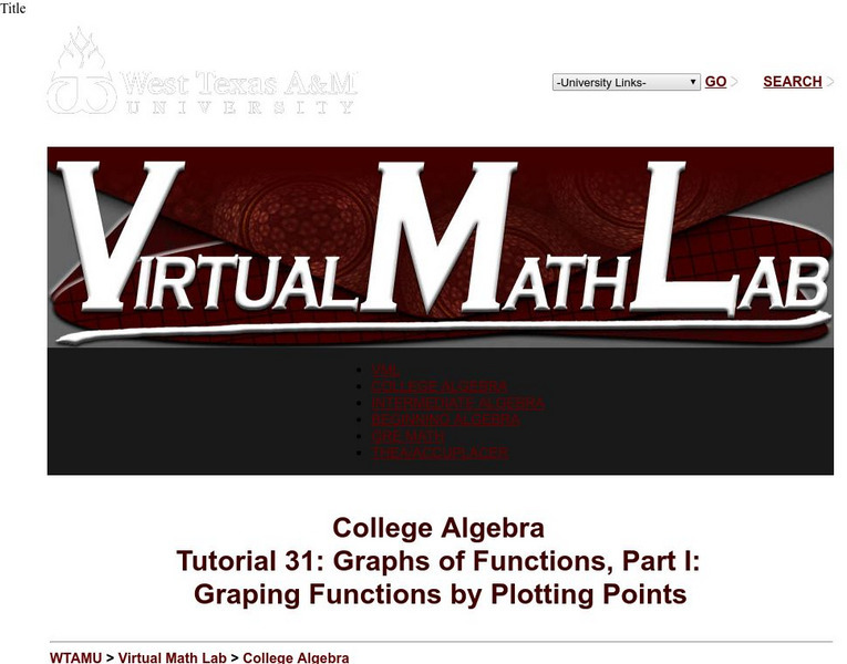 Wtamu Virtual Math Lab: College Algebra: Graphing Functions by Plotting Points Unit Plan Wtamu Virtual Math Lab: College Algebra: Graphing Functions by Plotting Points Unit Plan