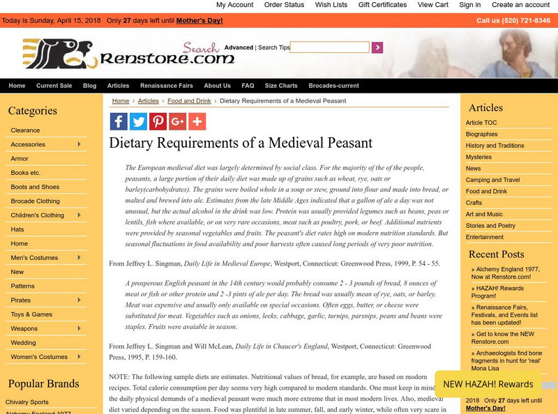 Eastern Kentucky University: Dietary Requirements of a Medieval Peasant Handout Eastern Kentucky University: Dietary Requirements of a Medieval Peasant Handout