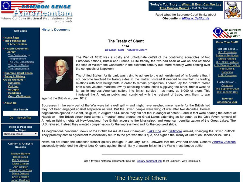 Common Sense Americanism: Treaty of Ghent Primary Common Sense Americanism: Treaty of Ghent Primary