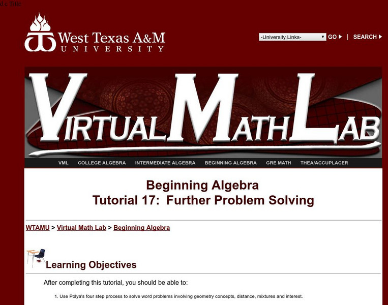 Wtamu Virtual Math Lab: Beginning Algebra: Further Problem Solving Activity Wtamu Virtual Math Lab: Beginning Algebra: Further Problem Solving Activity