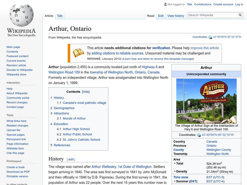 Wikipedia: Arthur, Ontario Handout Wikipedia: Arthur, Ontario Handout