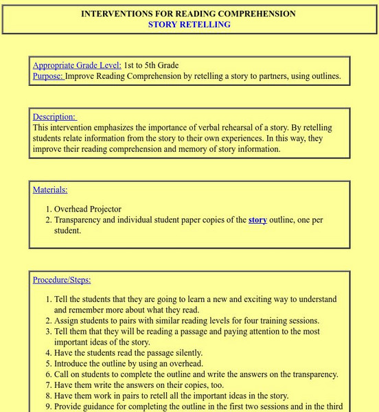 Michigan State University: Intervention for Reading: Story Retelling Lesson Plan Michigan State University: Intervention for Reading: Story Retelling Lesson Plan