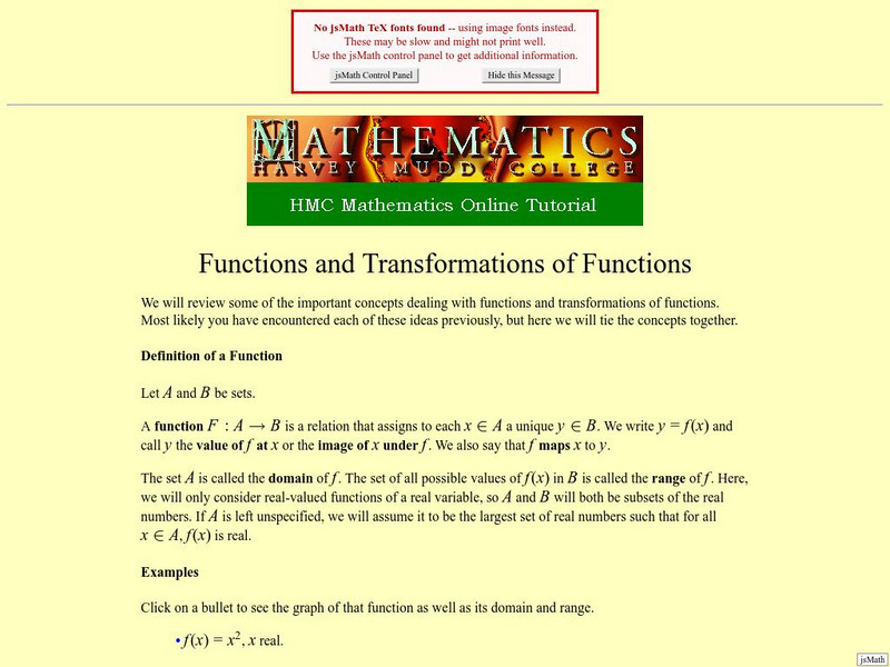 Harvey Mudd College: Functions and Transformations of Functions Unit Plan Harvey Mudd College: Functions and Transformations of Functions Unit Plan