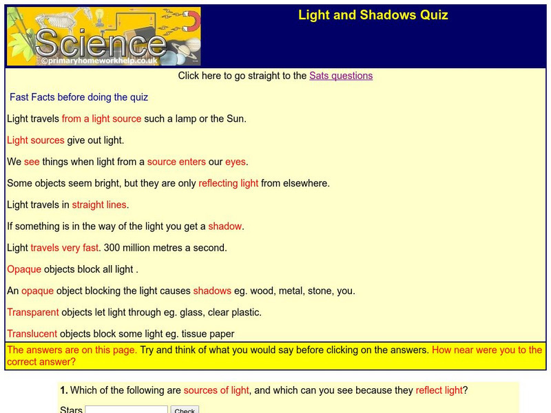 Primary Homework Help: Light and Shadows Quiz Unknown Type Primary Homework Help: Light and Shadows Quiz Unknown Type