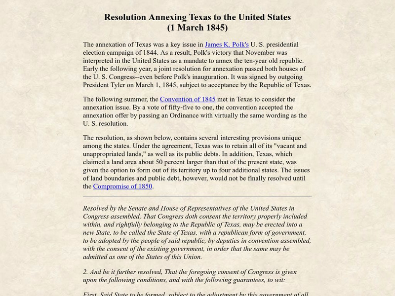 Lone Star Junction: Archives of the West: Resolution Annexing Texas to the u.s. Primary Lone Star Junction: Archives of the West: Resolution Annexing Texas to the u.s. Primary