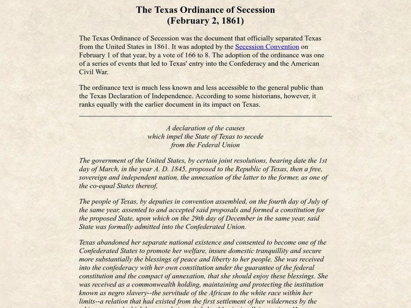 Lone Star Junction: Texas Ordinance of Secession (February 2, 1861) Primary Lone Star Junction: Texas Ordinance of Secession (February 2, 1861) Primary