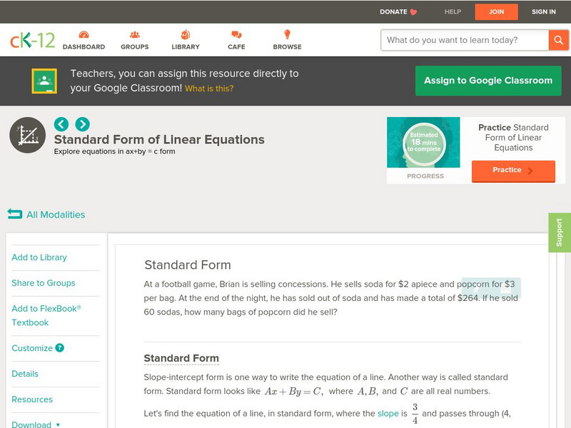 Ck 12: Algebra: Standard Form of Linear Equations Unit Plan Ck 12: Algebra: Standard Form of Linear Equations Unit Plan