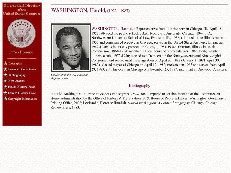 Loc: Biographical Directory of the u.s. Congress: Harold Washington Handout Loc: Biographical Directory of the u.s. Congress: Harold Washington Handout