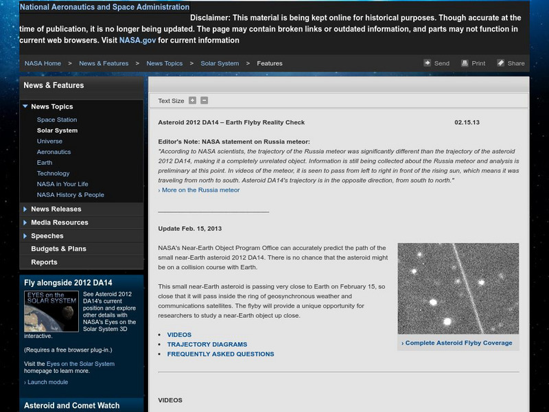 Nasa: Asteroid 2012 Da14: Earth Flyby Reality Check Unit Plan Nasa: Asteroid 2012 Da14: Earth Flyby Reality Check Unit Plan