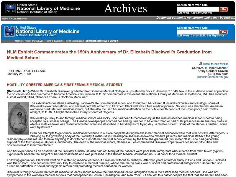 National Library of Medicine: Hostility Greeted First Female Medical Student Website