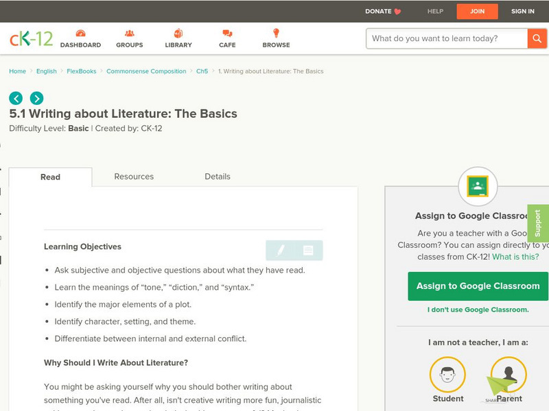 Ck 12: 5.1 Writing About Literature: The Basics Handout Ck 12: 5.1 Writing About Literature: The Basics Handout