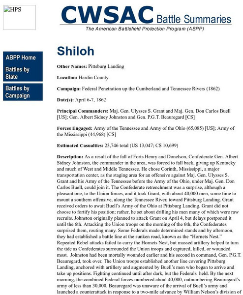 National Park Service: Cwsac: Civil War Battle Summaries: Battle of Shiloh Handout National Park Service: Cwsac: Civil War Battle Summaries: Battle of Shiloh Handout