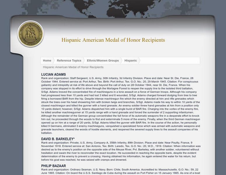 U.s. Army Center of Military History: Hispanic American Medal of Honor Recipients Website U.s. Army Center of Military History: Hispanic American Medal of Honor Recipients Website