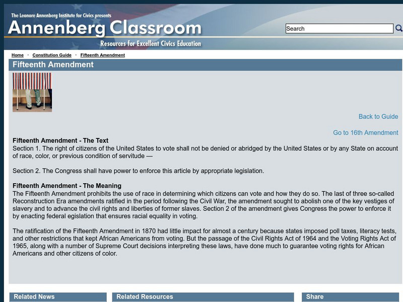 Annenberg Classroom: 15th Amendment Ratified Handout Annenberg Classroom: 15th Amendment Ratified Handout