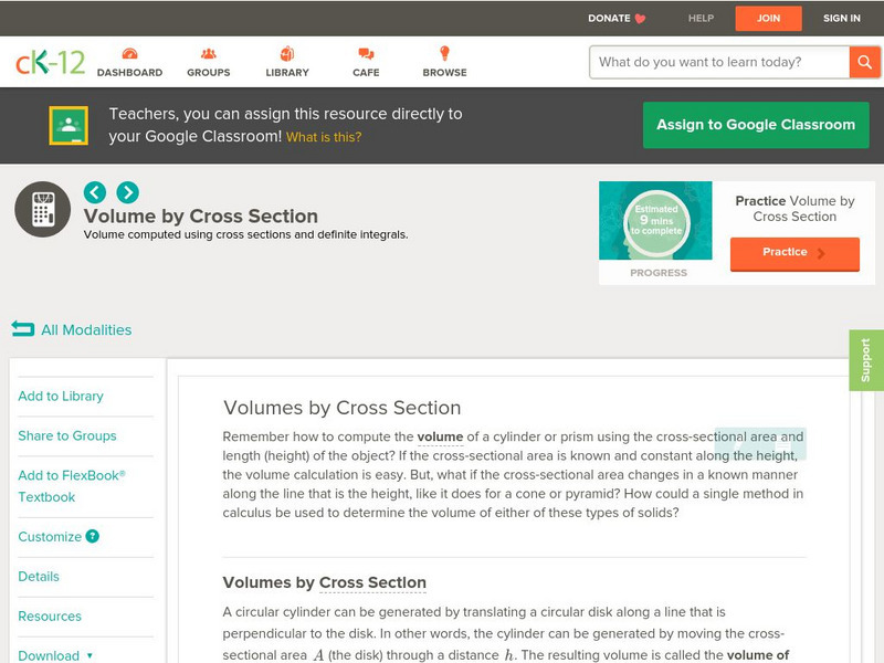 Ck 12: Calculus: Volume by Cross Section Unit Plan Ck 12: Calculus: Volume by Cross Section Unit Plan