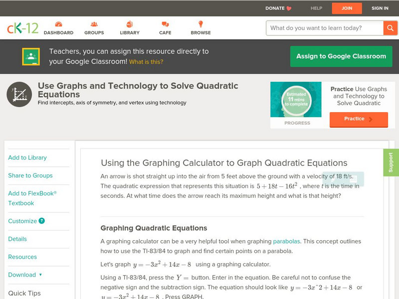 Ck 12: Algebra: Graphing Calculator to Graph Quadratic Functions Unit Plan