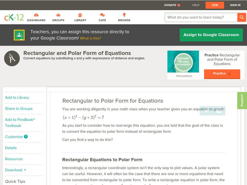 Ck 12: Trigonometry: Rectangular to Polar Form for Equations Unit Plan Ck 12: Trigonometry: Rectangular to Polar Form for Equations Unit Plan