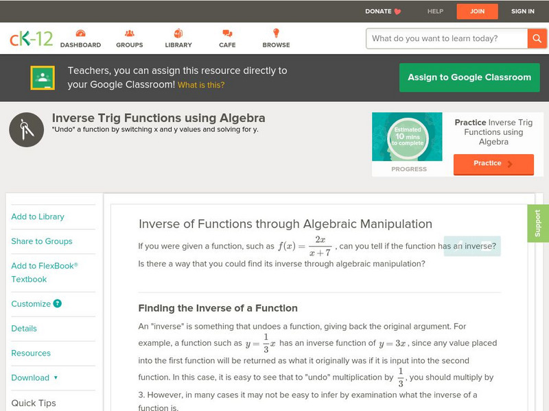 Ck 12: Inverse of Functions Through Algebraic Manipulation Unit Plan Ck 12: Inverse of Functions Through Algebraic Manipulation Unit Plan