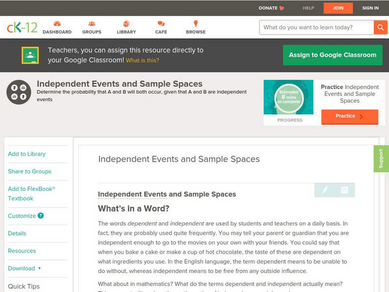 Ck 12: Statistics: Independent Events and Sample Spaces Grades 9 10 Unit Plan Ck 12: Statistics: Independent Events and Sample Spaces Grades 9 10 Unit Plan