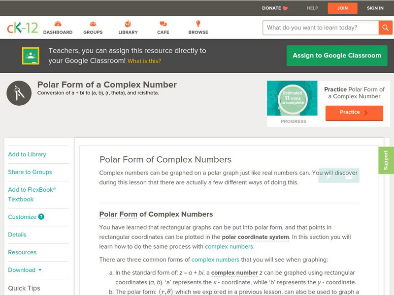 Ck 12: Polar Form of a Complex Number Unit Plan Ck 12: Polar Form of a Complex Number Unit Plan