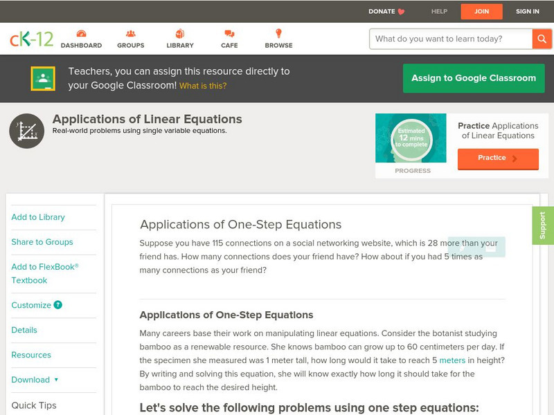 Ck 12: Algebra: Applications of One Step Equations Unit Plan Ck 12: Algebra: Applications of One Step Equations Unit Plan