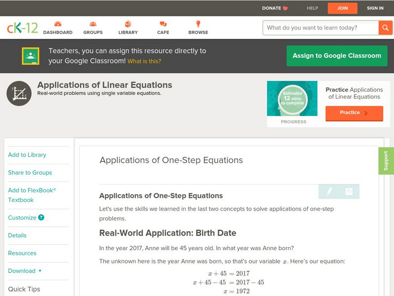 Ck 12: Algebra: Applications of One Step Equations Unit Plan Ck 12: Algebra: Applications of One Step Equations Unit Plan
