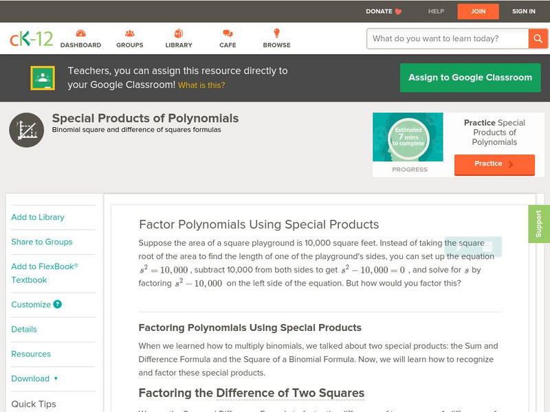 Ck 12: Algebra: Factor Polynomials Using Special Products Unit Plan Ck 12: Algebra: Factor Polynomials Using Special Products Unit Plan